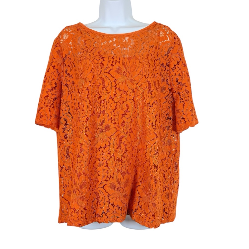 Chico’s Orange Foiled Lace Top Size 2 Boho Floral Lined Blouse Short Sleeve NWT